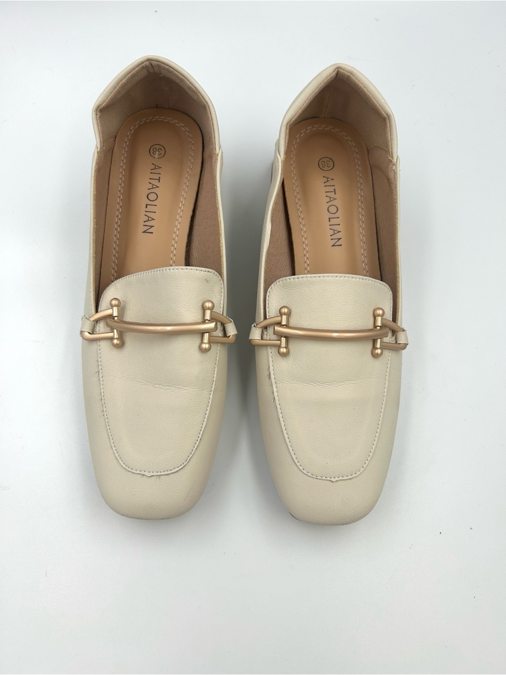 Women's Cream Leather Loafers with Gold Accent